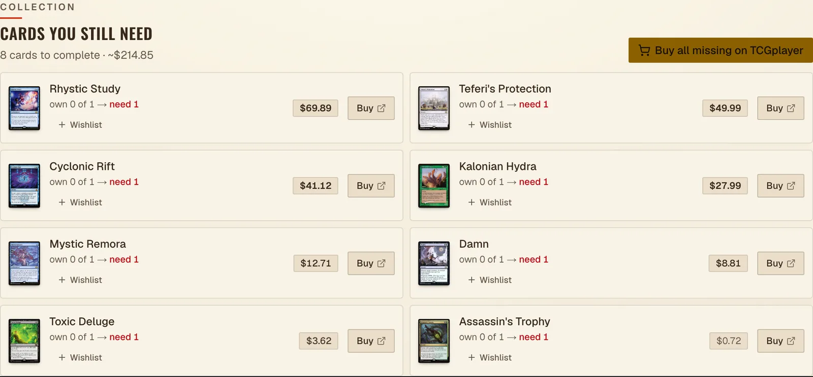 Grimoire's 'Cards you still need' panel: 8 cards to complete for about $214.85, each listed as 'own 0 of 1, need 1' with its price and a buy link.