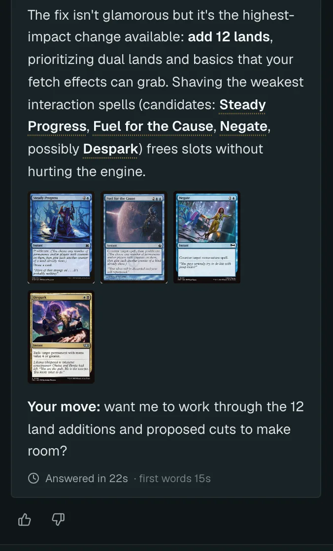 The Deck Coach's answer: it reports draw at 14 and ramp at 11, says interaction at 16 is a touch high, recommends adding 12 lands as the highest-impact change, names four interaction spells it would cut to make room, and asks whether to proceed.