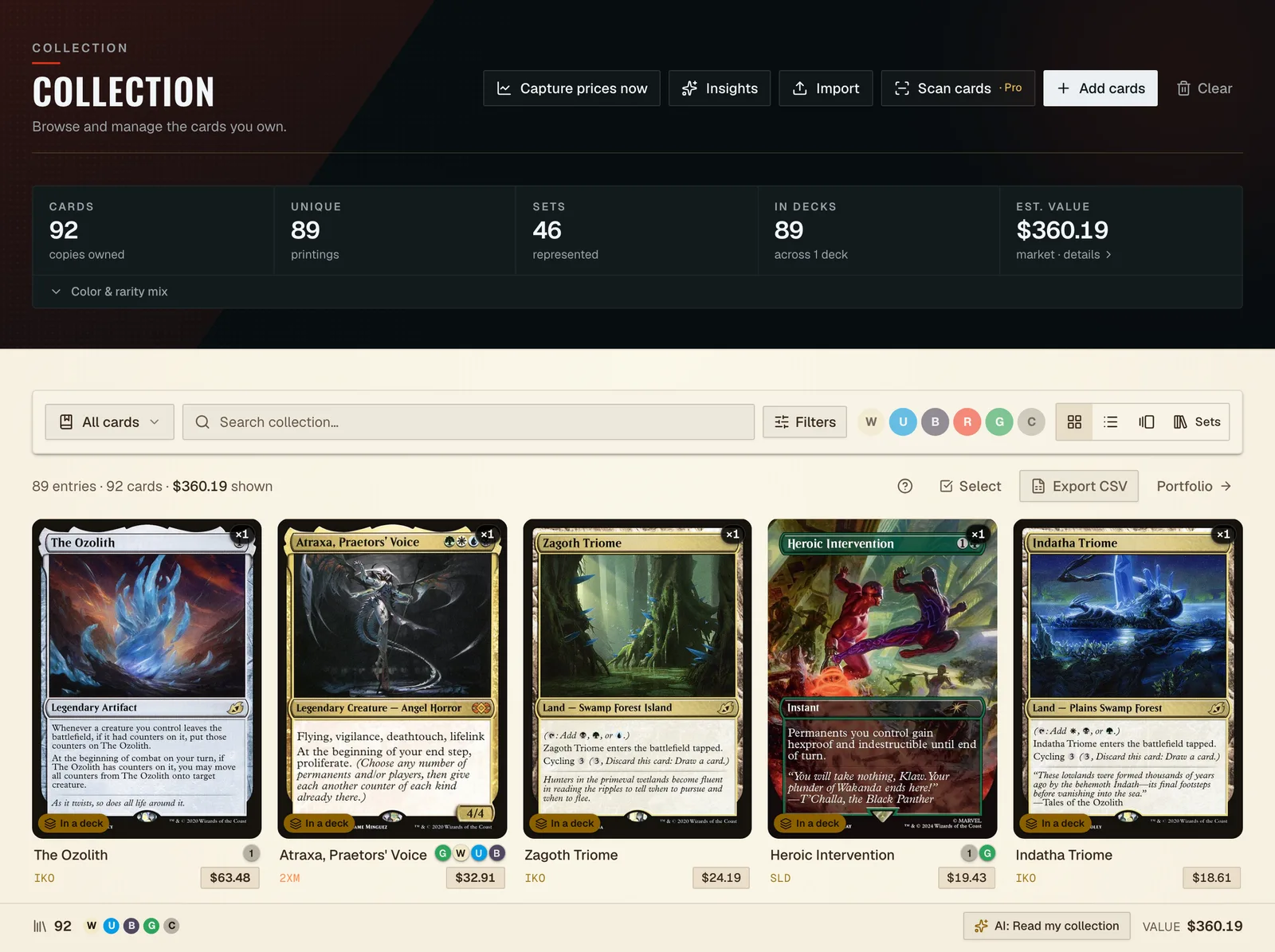 The Grimoire collection page showing cards owned, unique printings, sets represented and estimated value above a grid of real card images.
