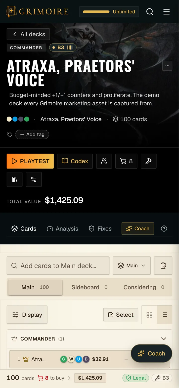 A Commander deck open in Grimoire on a phone: the deck's name and art, a Coach tab, and a footer reading 100 cards, 8 to buy, $1,425.09, legal, bracket 3.